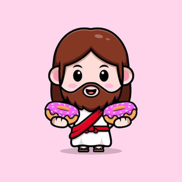 Cute jesus christ holding donuts vector cartoon christian illustration