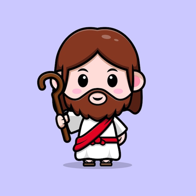 Cute Jesus Christ holding stick vector cartoon christian illustration