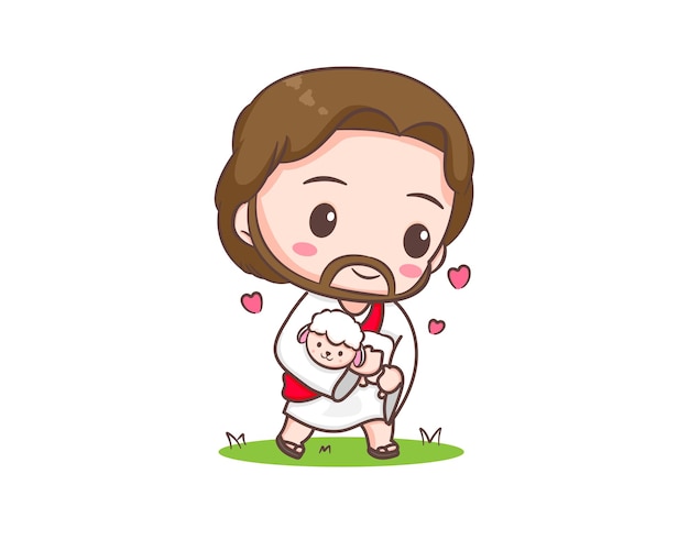 Cute Jesus Christ hugs the sheep cartoon character.