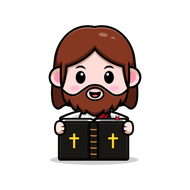 Cute jesus christ reading bible vector cartoon christian illustration