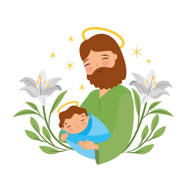 백합 벡터 그림 사이에 아기 예수와 함께 있는 귀여운 요셉