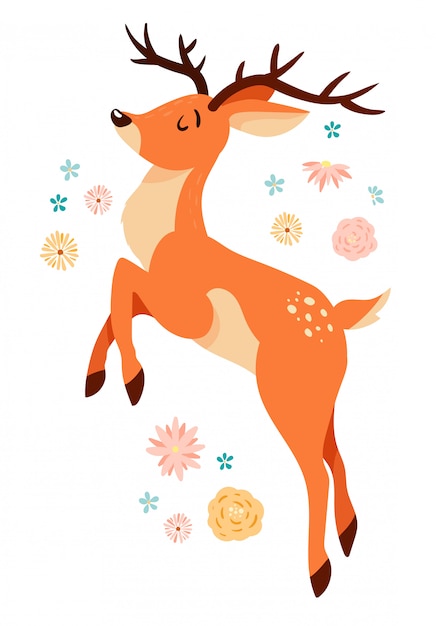 Cute jumping cartoon deer with floral elements.