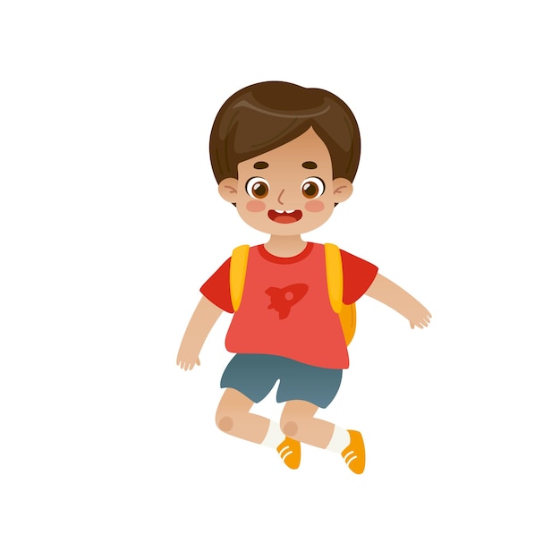 Cute jumping school boy with backpack Adorable playful kid Cartoon little student