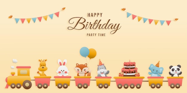 Милое животное джунглей на поздравительной открытке дня рождения поезда. животные джунглей празднуют детский день рождения и шаблон приглашения в бумажной и бумажной стили векторной иллюстрации. С днем рождения.