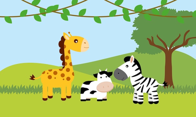Simpatici animali della giungla in stile cartone animato, animali selvatici, disegni dello zoo per l'illustrazione dello sfondo