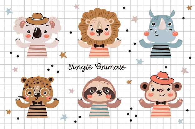 милые животные джунглей иллюстрация для детей коала лев носорог леопард ленивец обезьяна персонажи