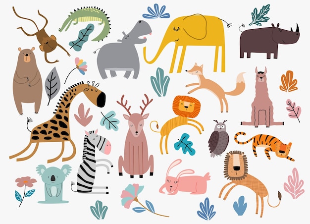 Vector cute jungle animals vector set