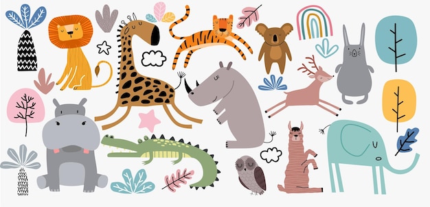 Cute jungle animals vector set