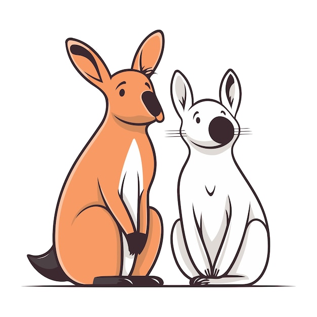 Cute kangaroo and rabbit cartoon vector illustration isolated on white background