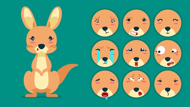 Vector cute kangaroo set of animal emotions tiny kangaroo with emoji collocation sleeping crying sad