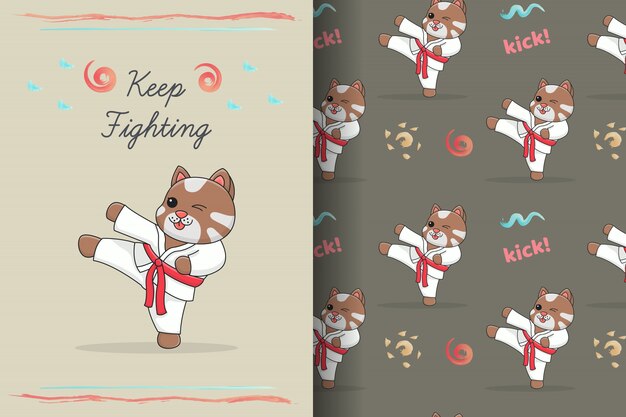 cute karate cat kicking seamless pattern and card