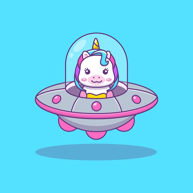 Vector cute kawai unicorn riding ufo cartoon illustration