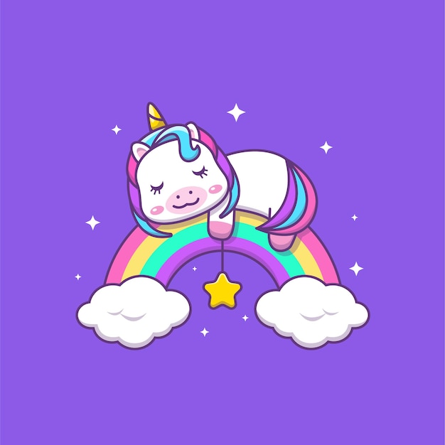 Unicorno carino kawai che dorme sull'illustrazione del fumetto arcobaleno