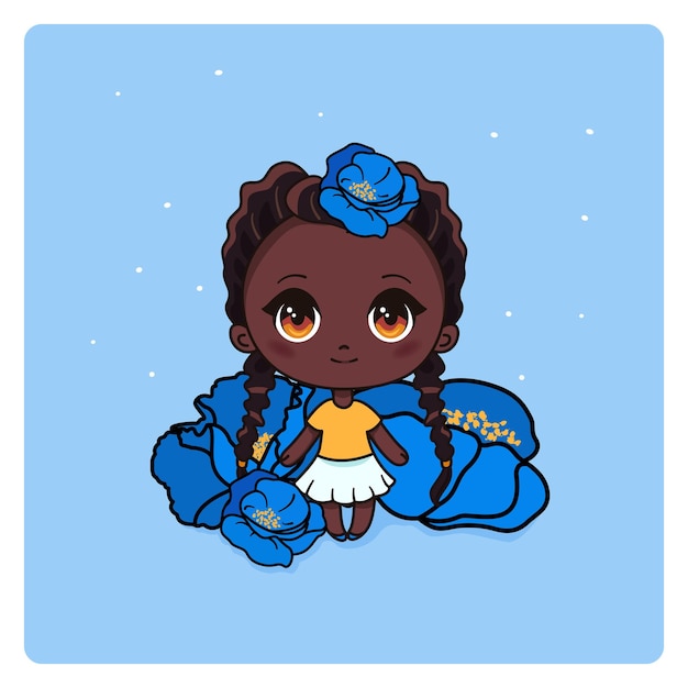 Ragazza afroamericana carina e kawaii con papaveri. ragazza fortunatamente manga chibi con fiori blu. vettore.