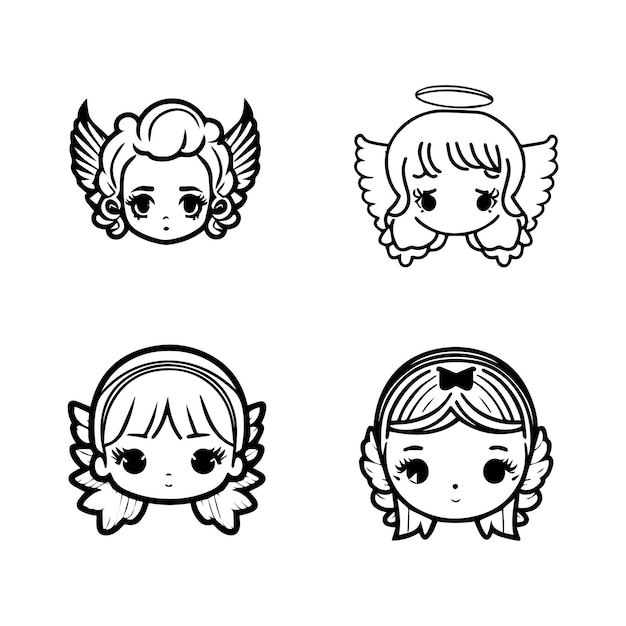 cute kawaii angel head logo collection set hand drawn illustration