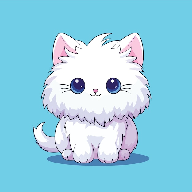 Cute kawaii angora white cat on solid background Vector illustration