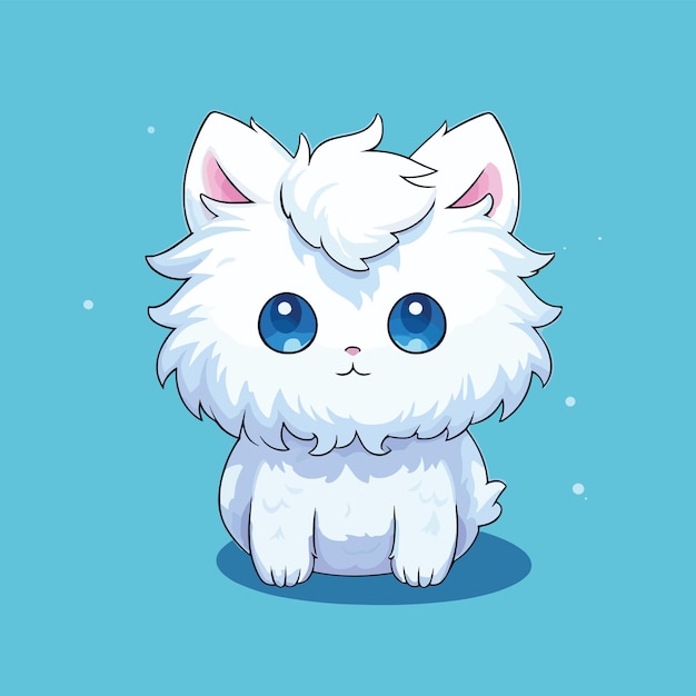 Vettore carino kawaii angora gatto bianco su sfondo a tinta unita illustrazione vettoriale