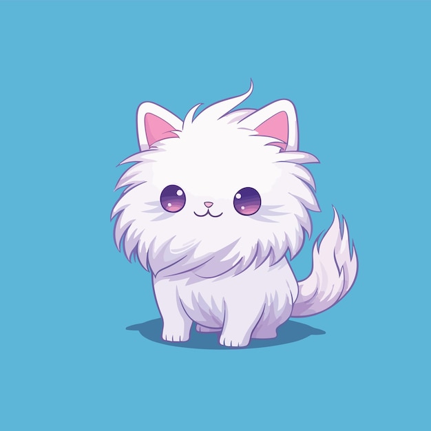 Cute kawaii angora white cat on solid background Vector illustration