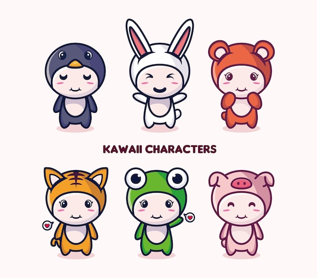 Cute kawaii animal collection cartoon premium vector