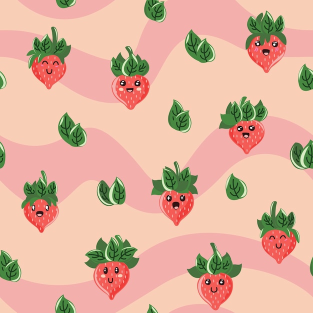 Cute kawaii anthropomorphic cartoon strawberries seamless pattern with a wavy background