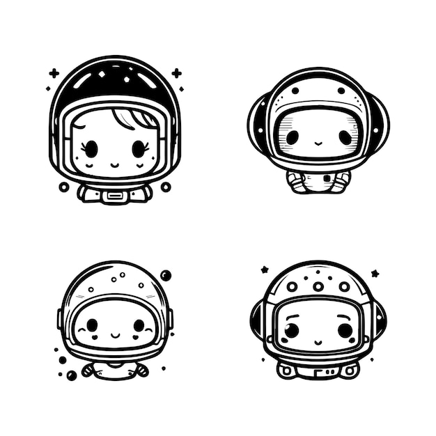 귀여운 카와이 우주 비행사 로고 컬렉션 세트 손으로 그린 라인 아트 그림