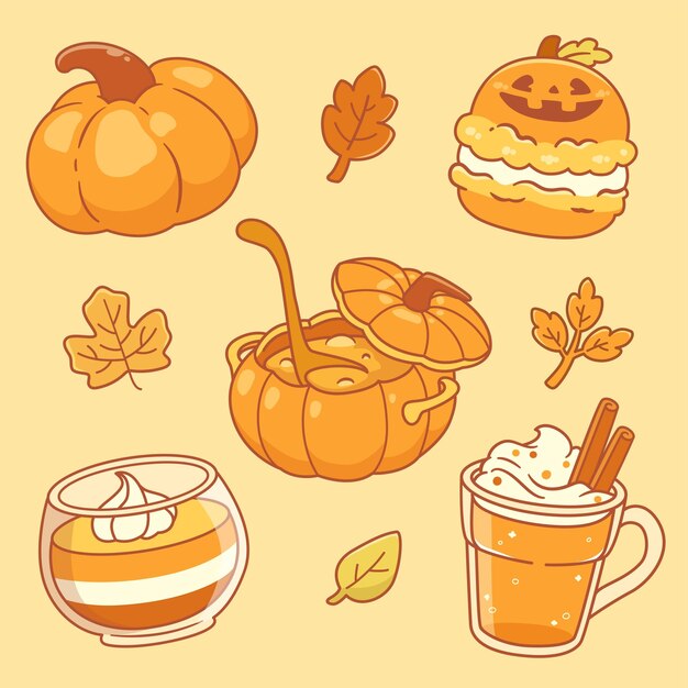 Vector cute kawaii autumn pumpkin food and dessert stickers