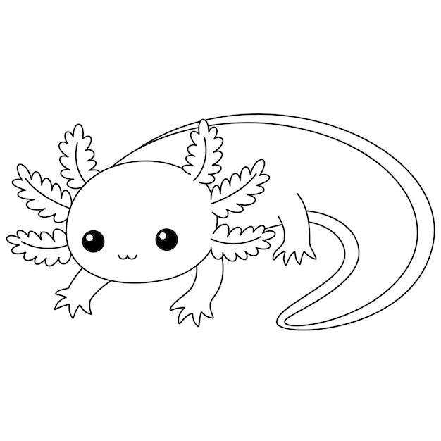 Vector cute kawaii axolotl cartoon character coloring page vector printable worksheets for preschool