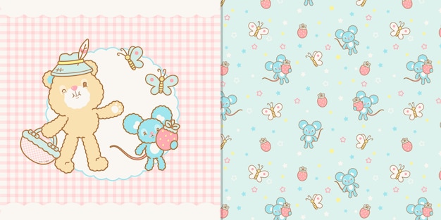 Cute kawaii bear and mouse illustration and seamless pattern