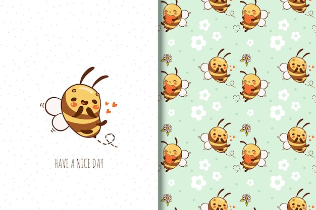 Vector cute kawaii bee cartoon vector illustration kids card print template and seamless pattern