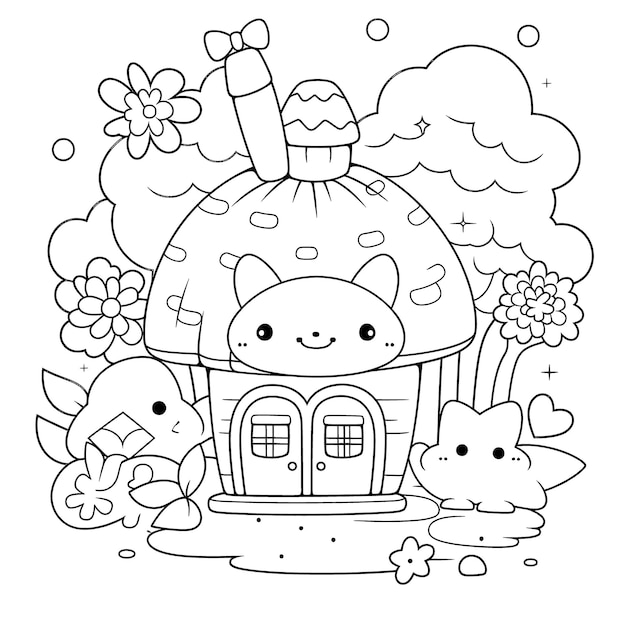 cute Kawaii black and white coloring page for kids and adults line art simple cartoon style happy cute and funny