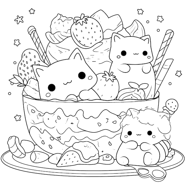 Cute kawaii black and white coloring page for kids and adults line art simple cartoon style happy cute and funny