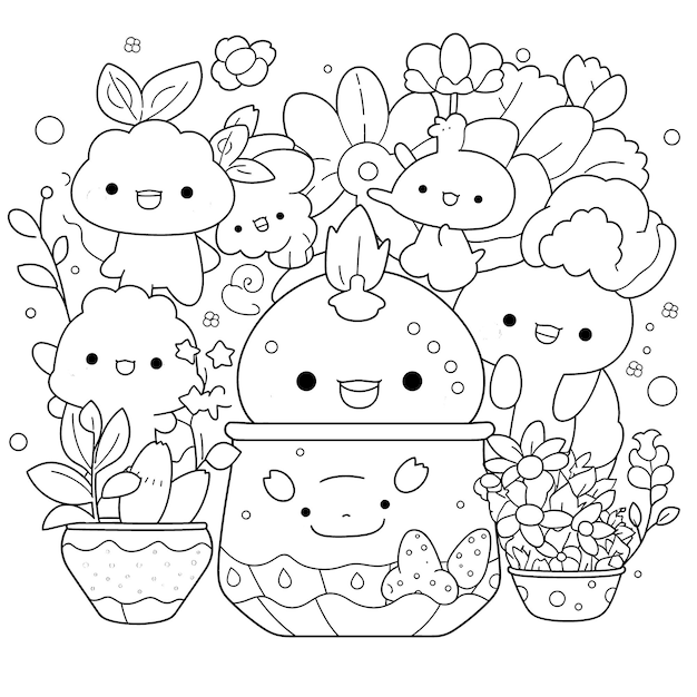 Vector cute kawaii black and white coloring page for kids and adults line art simple cartoon style happy cute and funny