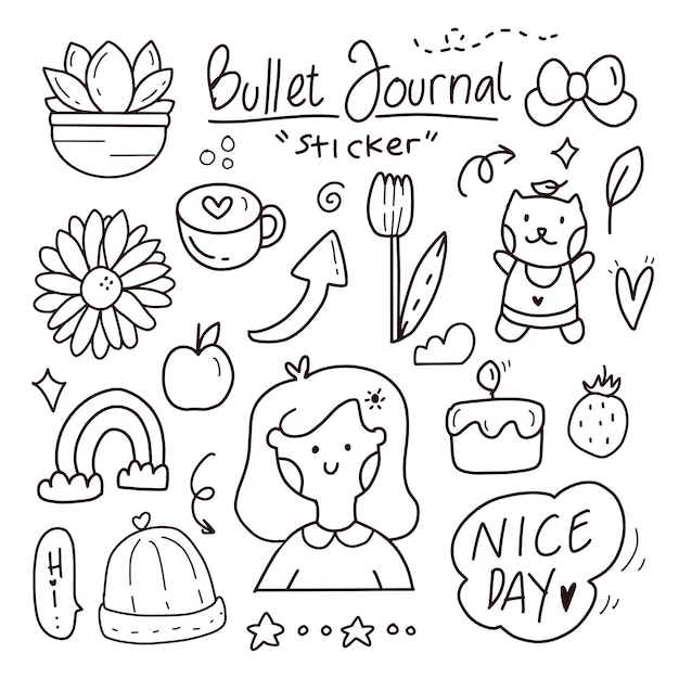 Cute kawaii bullet journal doodle hand drawing sticker set