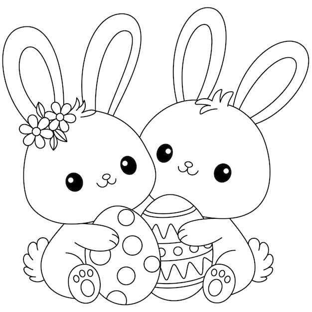 Cute kawaii bunnies is hugging a decorated Easter egg cartoon character coloring page for kids