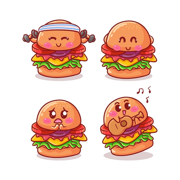 Hamburger carino e kawaii isolato su bianco