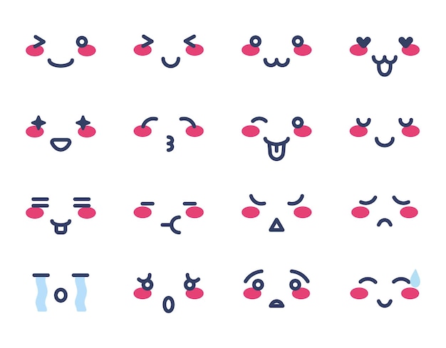 Cute kawaii cartoon character mascot face emotion emoji day set vector illustration