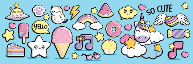 cute kawaii cartoon graphic elements vector set