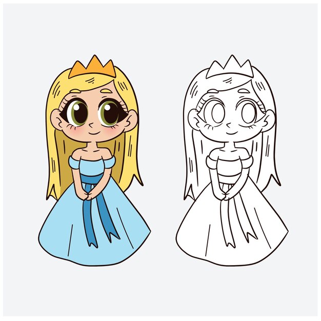 Cute kawaii cartoon of a little princess in blue dressvector of outlined and color for coloring book