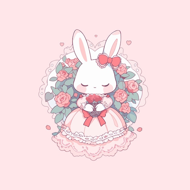 Cute kawaii cartoon princess bunny rabbit with flowers illustration