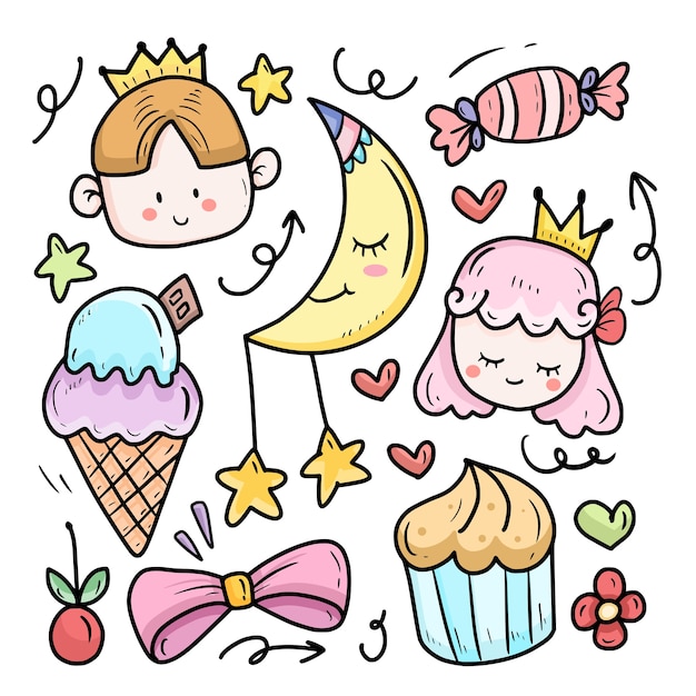 Vector cute kawaii cartoon set item with prince  illustration