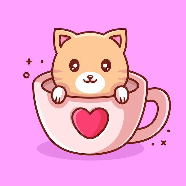 Cute kawaii cat in a cup cartoon vector icon illustration premium pet vector in flat style