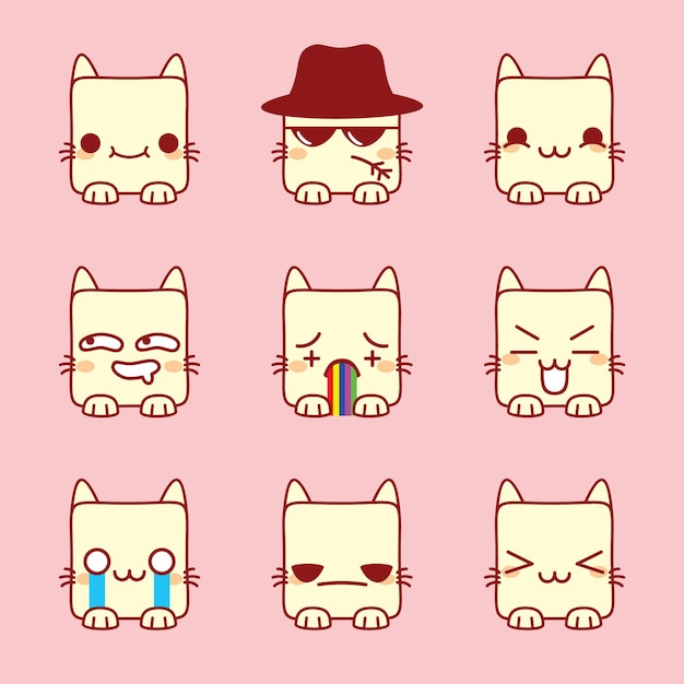 Vettore simpatico set di emoji gatto kawaii