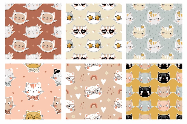 Cute kawaii cats faces in hand drawn style baby seamless pattern collection