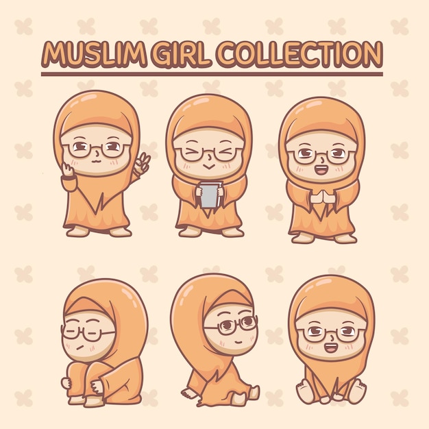 Vector cute kawaii chibi muslim girl collection