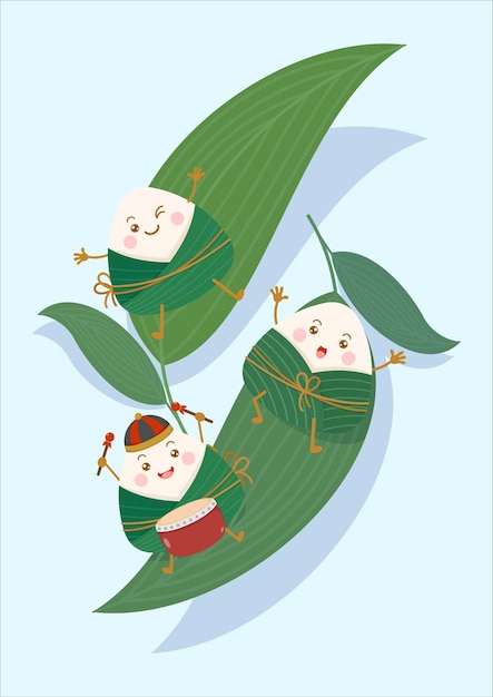 Simpatici e kawaii personaggi zongzi con gnocchi di riso appiccicoso cinese e foglie di bambù