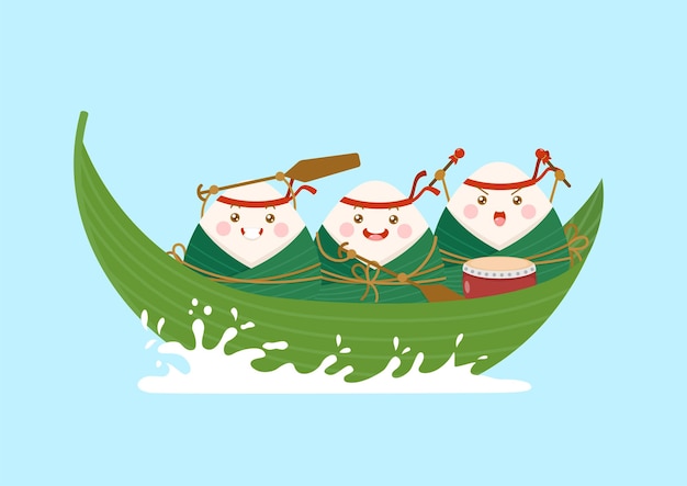 Gnocchi di riso appiccicoso cinesi simpatici e kawaii personaggi dei cartoni animati zongzi che cavalcano una barca con foglie di bambù