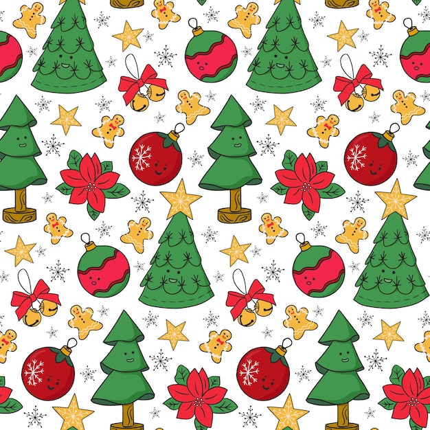 Cute kawaii Christmas decoration seamless pattern Holiday design with childish characters