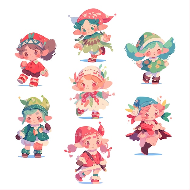 Cute kawaii christmas elf fairy illustration collection