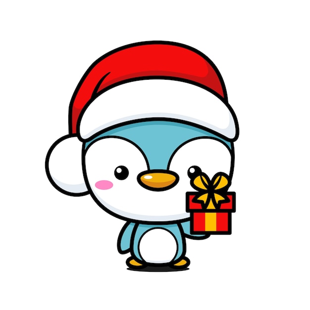 Vettore pinguino di natale carino e kawaii con scatola regalo