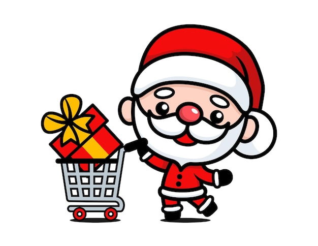 Babbo natale carino e kawaii con carrello della spesa